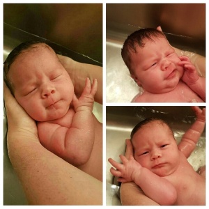 Baby got her first, full submersion bath at 2 weeks when her umbilical cord fell off. Love her silly faces!